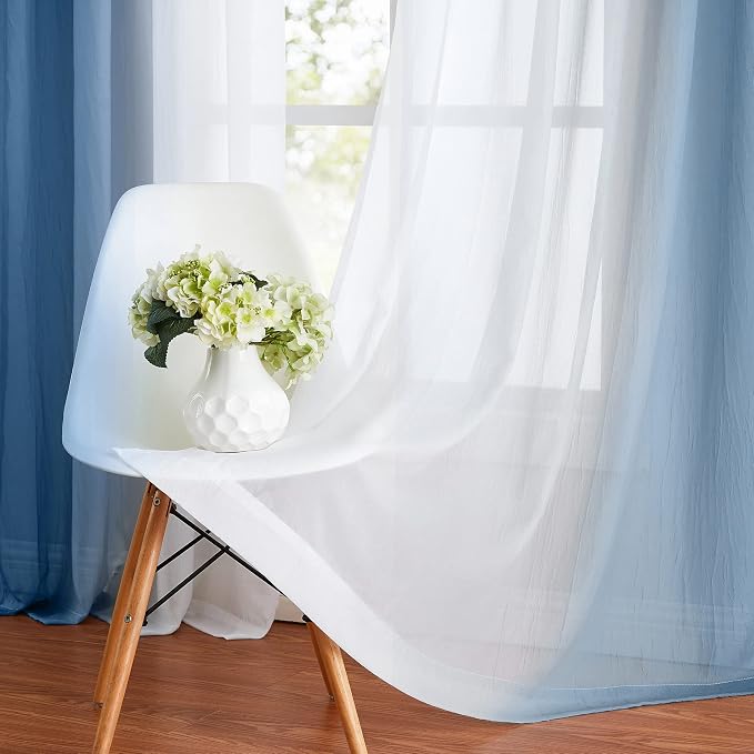 Purainbow Blue Ombre Chiffon Sheer Curtains 84 Inch Long for Living Room Bedroom Decor, Crinkle Gradient Semi Voile Grommet Top Window Curtain Drapes for Girls Room, Garden, Yard, Set of 2 Panels