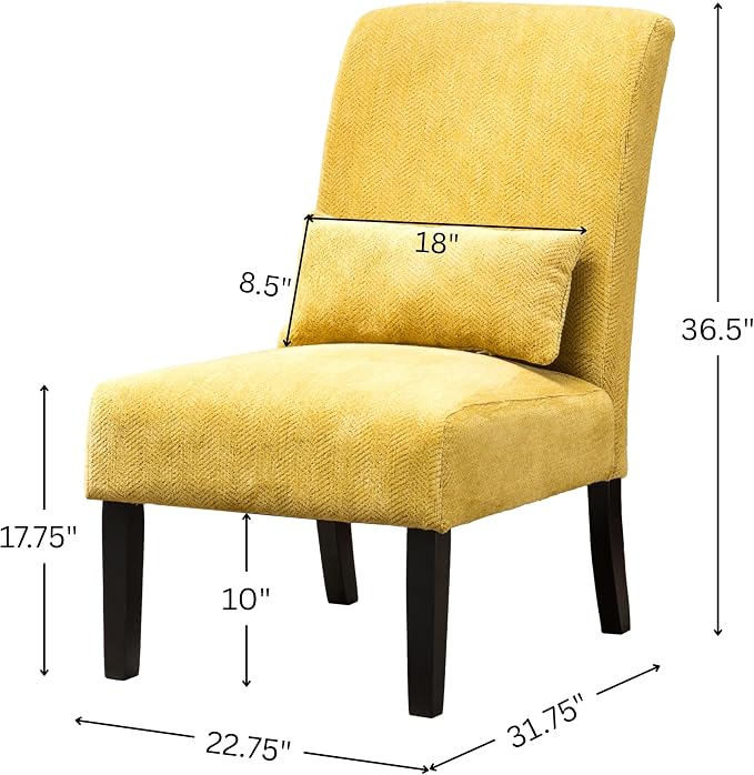 Roundhill Furniture Yellow Pisano Chenille Fabric Armless Contemporary Accent Chair with Matching Kidney Pillow