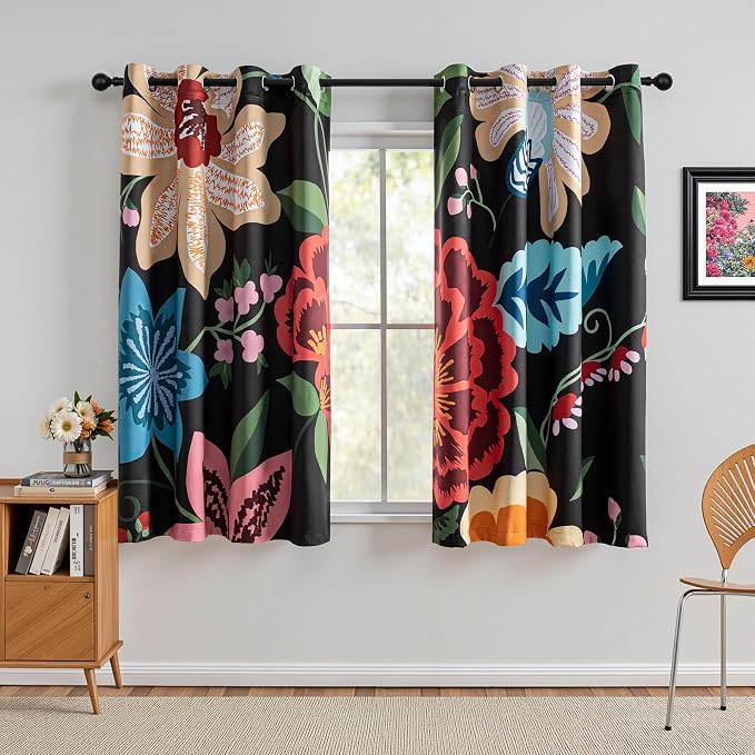 MYSKY HOME Black Boho Floral Blackout Curtains for Bedroom 63 inch Long Botanical Leaf Black Out Curtains for Living Room Thermal Insulated Room Darkening Noise Reduction Window Drapes, 2 Pcs, 52Wx63L