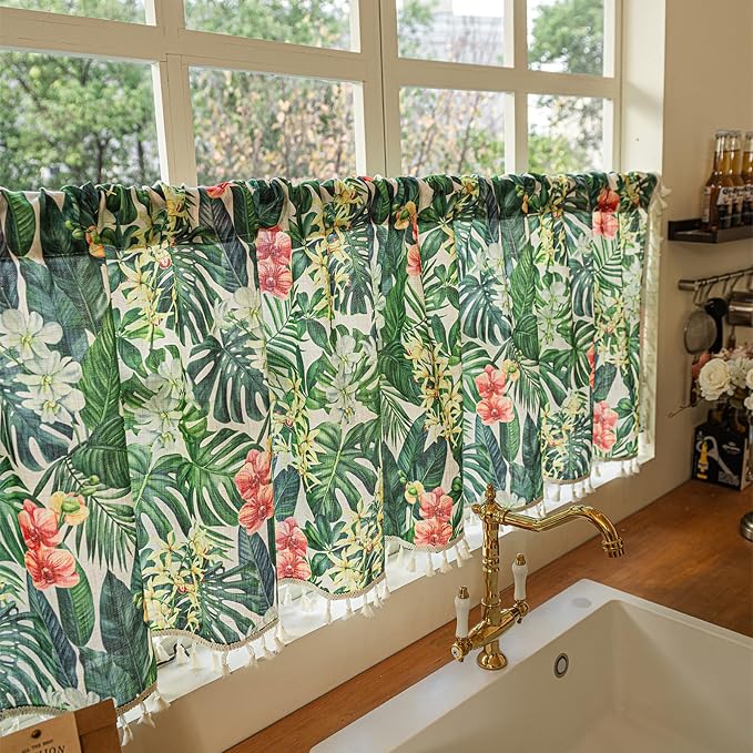 Deeprove Boho Valance Tropical Botanical Leaves Print Curtain 18 Inch Long, Green Monstera Plant Red Florals Kitchen Window Small Vintage Drape Tassels for Spring Summer Decor 1 Panel 52W x 18L