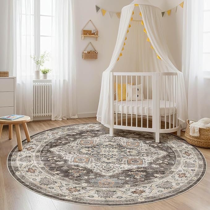 Round Rug Living Room Rugs: 7x7 Washable Boho Neutral Large Circle Soft Indoor Floral Stain Resistant Floor Farmhouse Carpet for Bedroom Nursery Kids Playroom Office Dining Room Dorm- Grey Brown