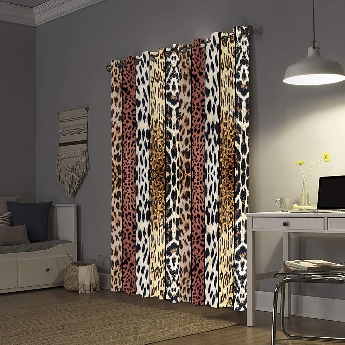 Wild Animal Print Curtain, Room Darkening Thermal Insulated Blackout Leopard Boa Window Drapes with Grommets for Living, Dining, Bedroom, Brown Leopard Print, 52"x 84", 2 Panels