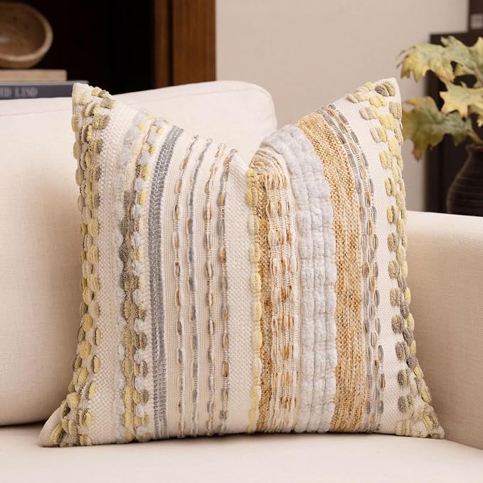 Boho Chenille Tufted Throw Pillow Covers 18x18 Inch Set of 2 Farmhouse Yellow Woven Striped Decorative Pillowcases for Couch Sofa Bed