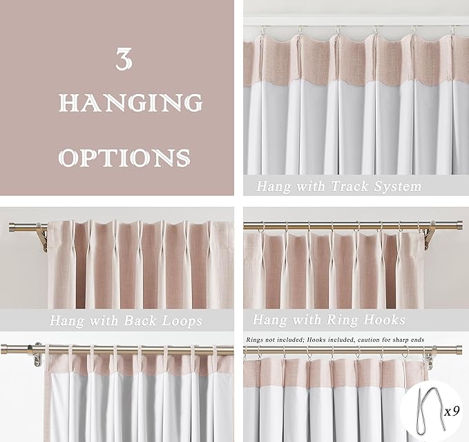 Pink Pinch Pleated Full Blackout Curtains Linen Texture Noise Reducing Window Treatment Panel 102 Inches Long for Living Room Bedroom Thermal Insulated Back Tab Drapes with Hooks, 2 Panel, 40"Wx102"L