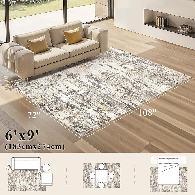 Area Rugs 6x9 Living Room: Washable Large Abstract Modern Neutral Soft Rug Stain Resistant Non-Slip Backing Carpet for Bedroom Dining Room Indoor Nursery Dorm Home Office Decor - Gold Brown
