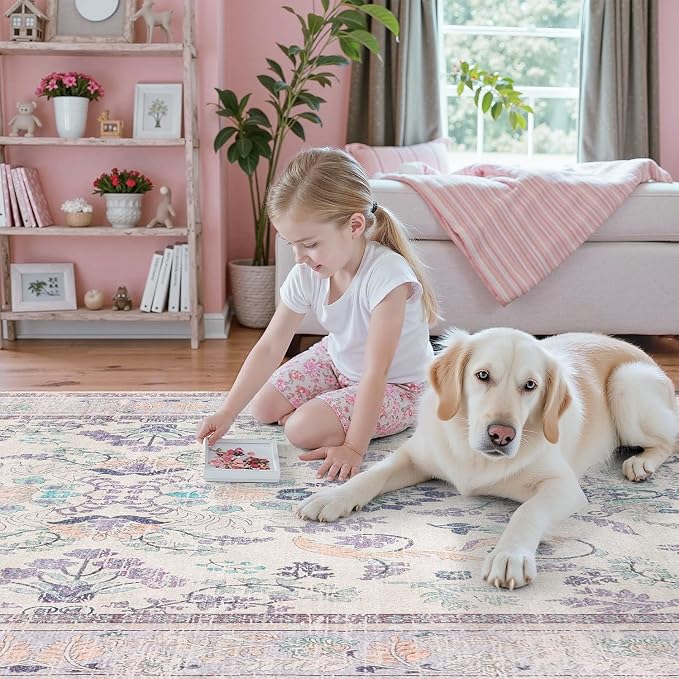 DCX Area Rug 4x6 Botanical Floral Washable Rugs in Purple and Beige Soft Non Slip Low Pile Stain Resistant Carpet for High-Traffic Areas Bedroom Kitchen Entryway