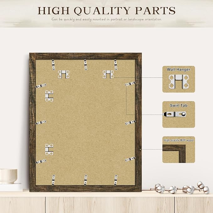 Picrit 16x20 Picture Frame 3 Pack, Wooden Brown Rustic Poster Frame, Display Poster 11 x 14 with Mat or 16 x 20 without Mat for Horizontal or Vertical Wall Mounting