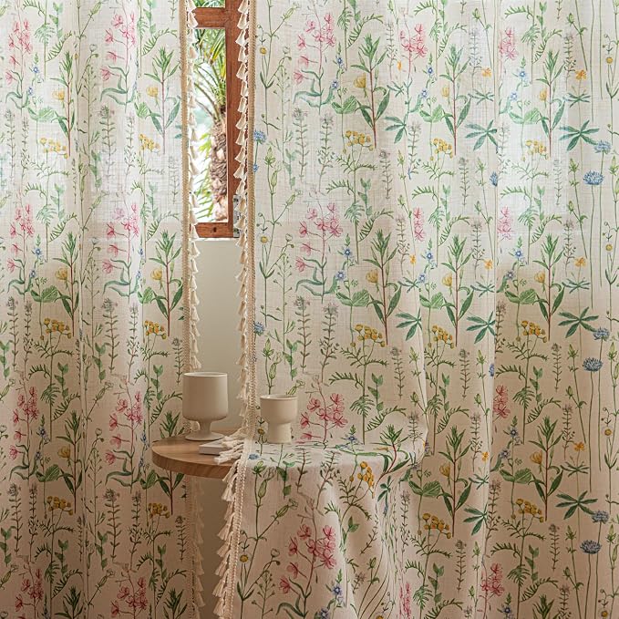 Deeprove Boho Curtains 63 Inches Length 2 Panels with Handmade Cream Tassel, Herbs Florals Print Textured Window Drapes for Living Room Bedroom Farmhouse Cottage Shabby Style Privacy, 52W x 63L