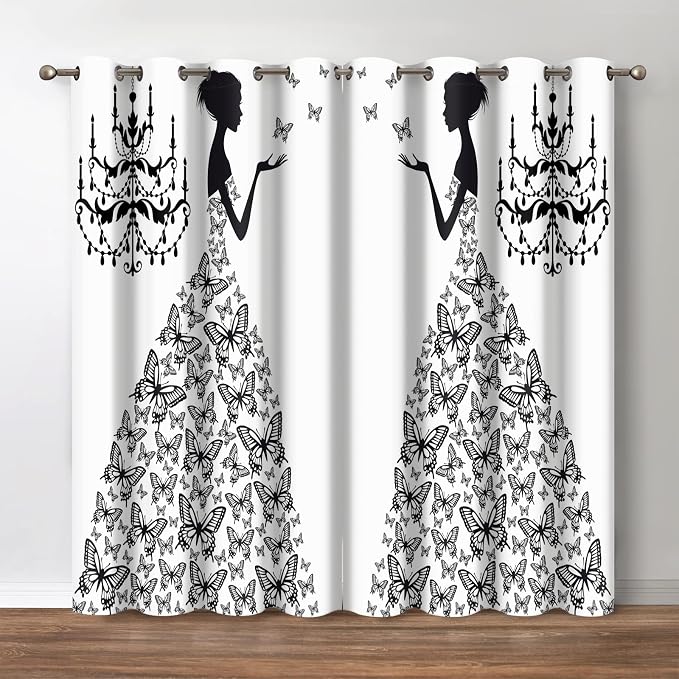 Jekeno Butterfly Woman Blackout Curtains - Black White Madame Butterflies Wedding Gown Silhouette Chandelier Print Decor Home Bedroom Living Room Grommet Window Drapes 2 Panel Set,52x63 Inch