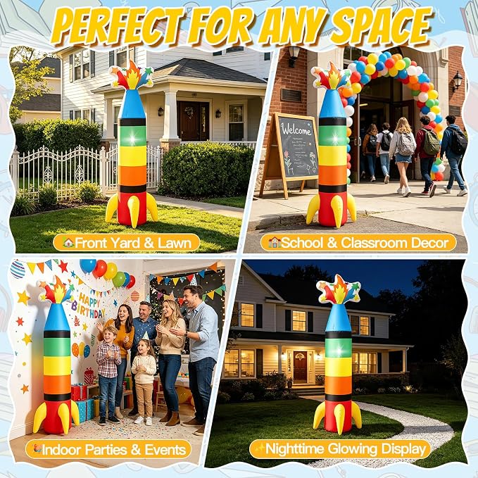 6FT Back to School Inflatable Crayon Rocket Outdoor Decorations, Colorful Blow Up Rocket Crayon Built-in LED Light for Space Party Decor, First Day of School Classroom Yard Garden Photo Props