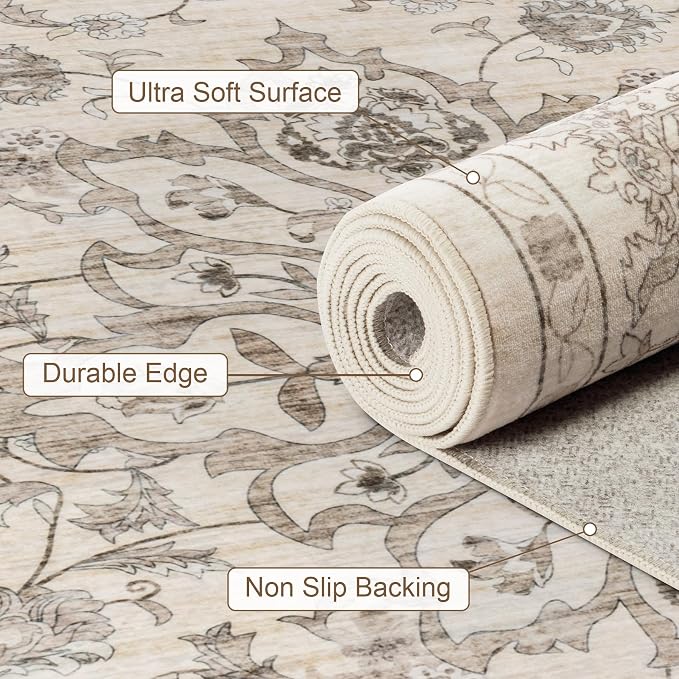 2x3 Area Rugs Living Room Rug: Washable Vintage Distressed Floral Rug No Slip Stain Resistant Soft Carpet Indoor Large Carpets for Bedroom Dining Room Farmhouse Nursery Hallway Home Office Brown Beige