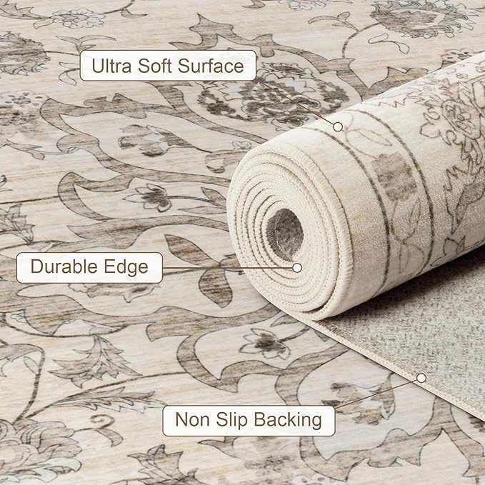 Round Area Rug for Living Room: 8 ft Washable Vintage Boho Soft Thin Circle Rug Indoor Floor No Slip Stain Resistant Carpet for Bedroom Dining Room Farmhouse Nursery Home Office -Brown Beige