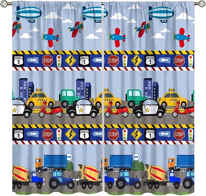 Cartoon Cars Curtain,Kids Boys Aircraft Vehicles Road Clouds Print Window Treatment Curtains for Kitchen Bedroom Cafe Dining Room Office Living Room Drapes, 72x63 in