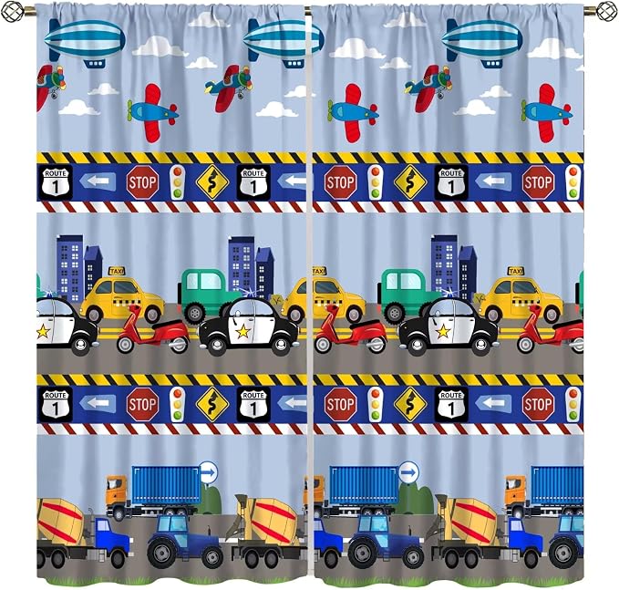 Cartoon Cars Curtain,Kids Boys Aircraft Vehicles Road Clouds Print Window Treatment Curtains for Kitchen Bedroom Cafe Dining Room Office Living Room Drapes, 42x54 in