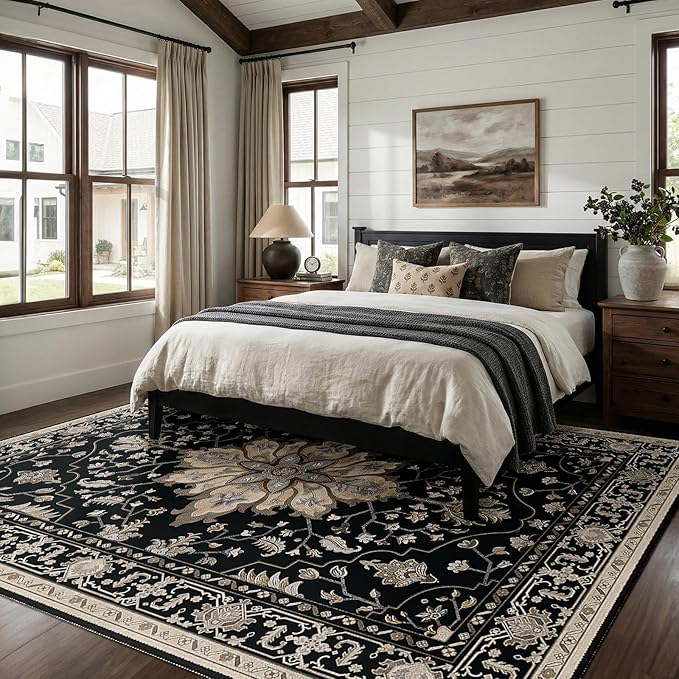 RELEANY Area Rugs Large 9'x12' Washable Non-Slip, Floral Vintage Distress Medallion Carpet for Living Room Bedroom Dining Room, Black Brown Neutral Dark Tan