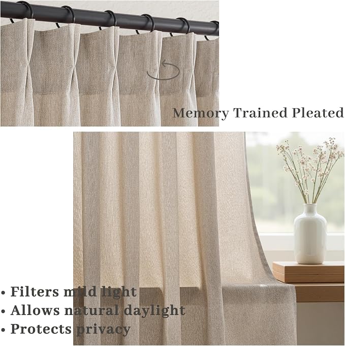Natural Beige Pinch Pleated Semi Sheer Curtains Textured Linen Blended Light Filtering Window Curtains 105 inch for Living Room Bedroom Pinch Pleat Drapes with Hooks 2 Panels 40" Wx105 L