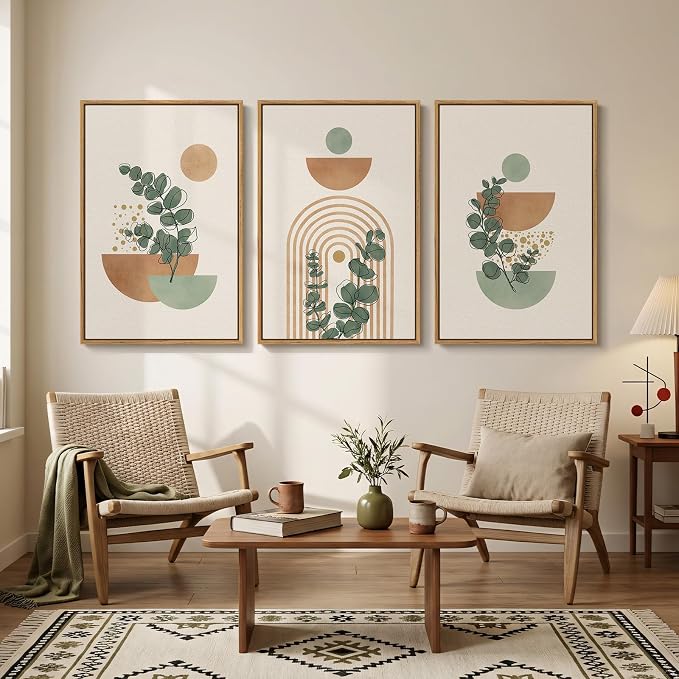 Large Framed Abstract Boho Wall Art for Living Room, 3 Piece Botanical Sage Green Plant Canvas Artwork for Walls, Minimalist Neutral Geometric Line Prints Paintings for Dining Room Hallway 20x30 Inch
