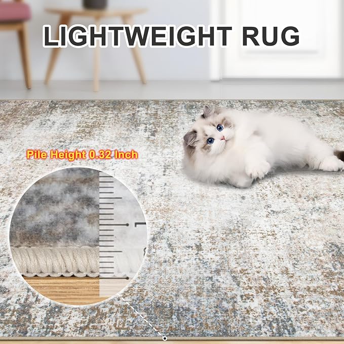 Area Rugs 9x12 Living Room - Washable Rug Modern Abstract Soft Large Neutral Non-Slip Carpet Indoor Floor Stain Resistant Thin Carpets for Bedroom Dining Room Farmhouse Nursery Home Office Brown Grey