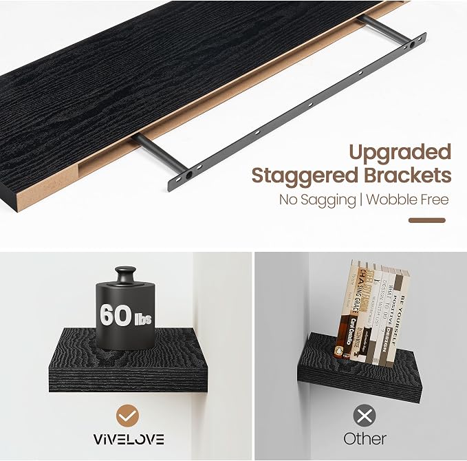 Vivelove 48 Inch Floating Shelves, Deep Wall Shelves with Invisible Brackets, Display Shlf for Bathroom Living Room Kitchen Bedroom Office Farmhouse Home Decor, 48" X 9.3" X 1.5" - Set of 1, Black