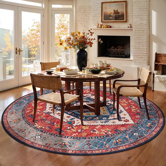 SERISSA Boho Round Area Rug, 6ft Washable Non-Slip Circle Rug, Ultra Soft Oriental Vintage Rust Low-Pile Circular Carpet for Bedroom Entryway Kids Room Office College Dorm Living Room