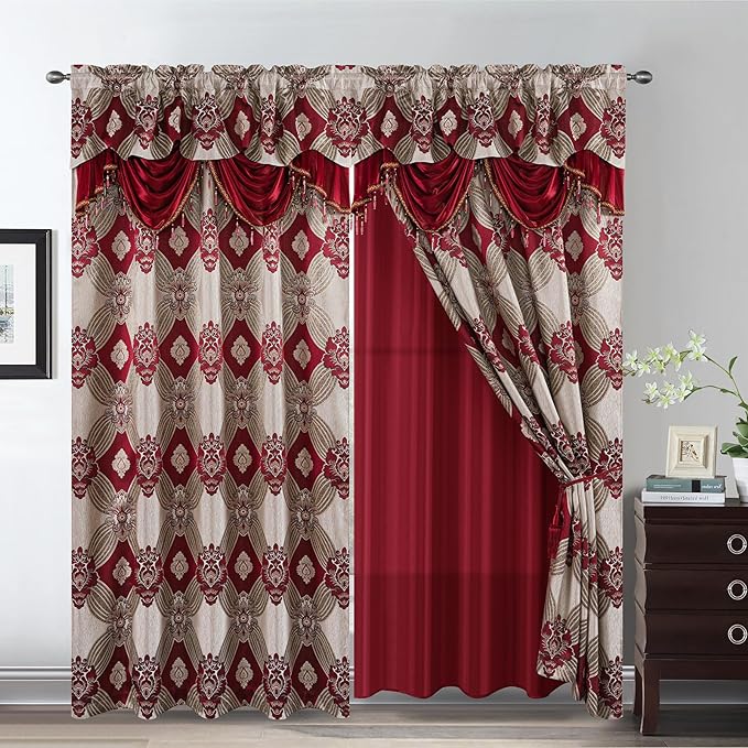 Petrichor Elegant Curtains with Gold Silver Threads 2 Panels Set - Luxury Window Treatment Attached Valance, Sheer Backing, and 2 Tie Backs for Bedroom and Living Room, 54x95 inches, Burgundy