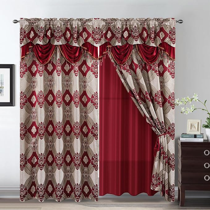 Petrichor Elegant Curtains with Gold Silver Threads 2 Panels Set - Luxury Window Treatment Attached Valance, Sheer Backing, and 2 Tie Backs for Bedroom and Living Room, 54x63 inches, Burgundy