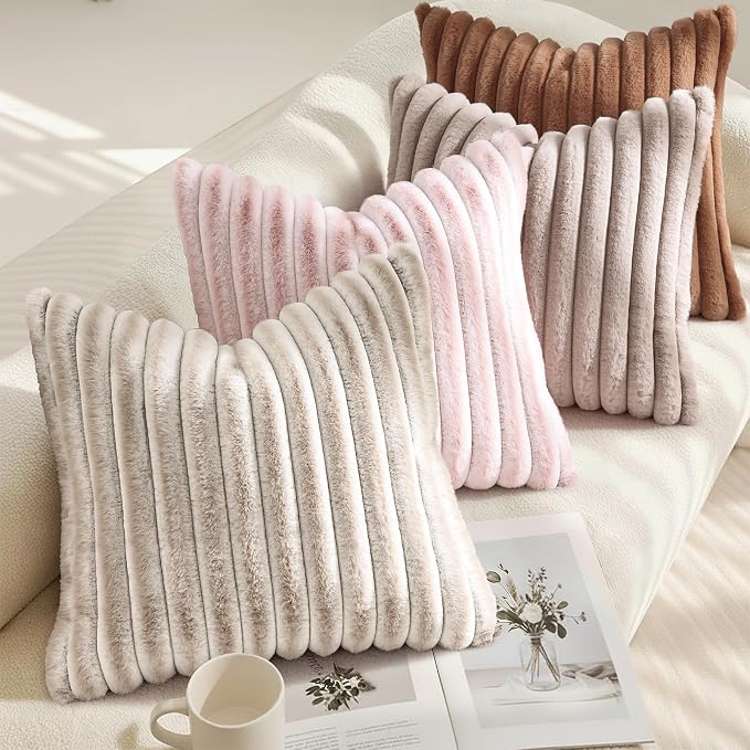 decorUhome Fall Cozy Faux Fur Throw Pillow Covers 12x20 Set of 2 Decorative Soft Plush Striped Lumbar Modern Farmhouse Boho Couch Pillow Cases with Velvet Back for Sofa Bed Living Room, Brown