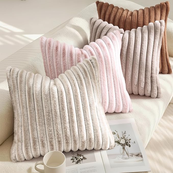 decorUhome Fall Cozy Faux Fur Throw Pillow Covers 22x22 Set of 2 Decorative Soft Plush Striped Modern Farmhouse Boho Couch Euro Sham Pillow Cases with Velvet Back for Sofa Bed Living Room, Brown