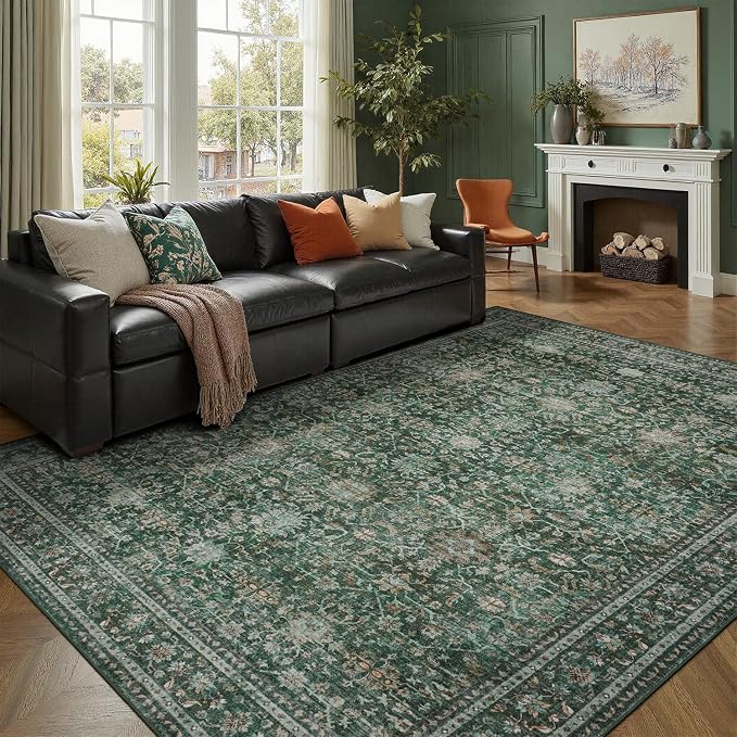 DCX Green 8x10 Rug, Kid & Pet Friendly with Rubber Back Non Slip, Machine Washable Stain Resistant Vintage Traditional Distressed Carpet, Rug for Living Room, Bedroom, Neutral Home Decor