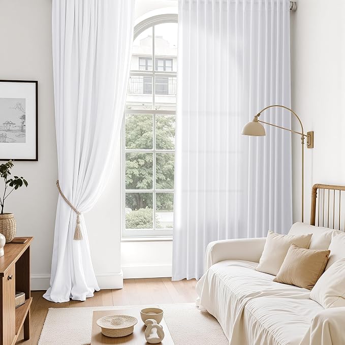 Nanspring Snow White Linen Curtains 84 Inch Length 2 Panels Set for Living Room Light Filtering Semi Sheer Curtain Back Tab Luxury Neutral Coastal Modern Farmhouse Decor Drapes for Bedroom 52x84
