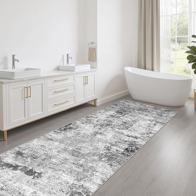 Runner Rug Non-Slip Kitchen Rug: 3x10 Washable Abstract Modern Soft Stain Resistant Indoor Floor Neutral Accent Throw Carpet for Hallway Bathroom Laundry Room Bedroom Entryway- Black Gray
