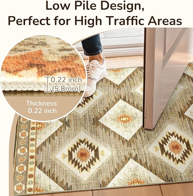 BESTSWEETIE Area Rug 2x10 Rug Machine Washable Non-Slip Low Pile Print Pattern Western Rug for Living Room Bedroom Entryway Tribal Series -Cream/Camel