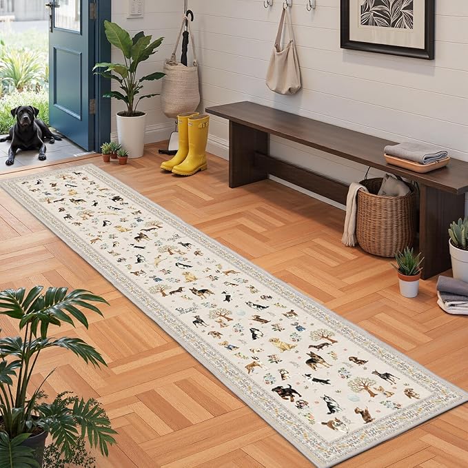Dog Rug for Hallways Kitchen Rug 2x8, Non Slip Washable Rugs with Rubber Backing Soft Floral Dog Carpet Runner for Hallways, Kitchen, Laundry, Bedroom, Bathroom (2 x 8, Beige)