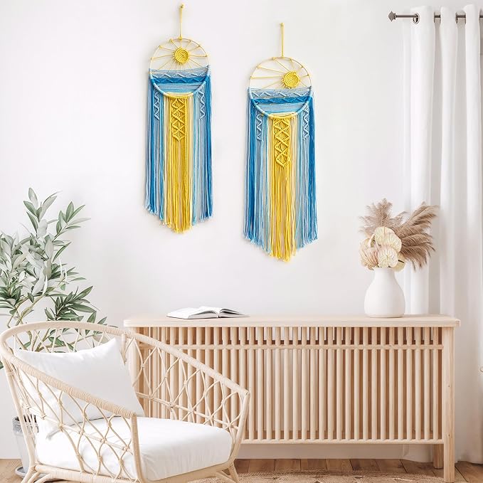 Artilady 2 Pack Blue Sun Wall Decor Macrame Hanging Tapestry Sunshine Sunset Wall Art Set, Rustic Woven Tapestries Boho Dream Catcher Colorful Decor for Bedroom Living Room Nursery (Blue 2Pcs)