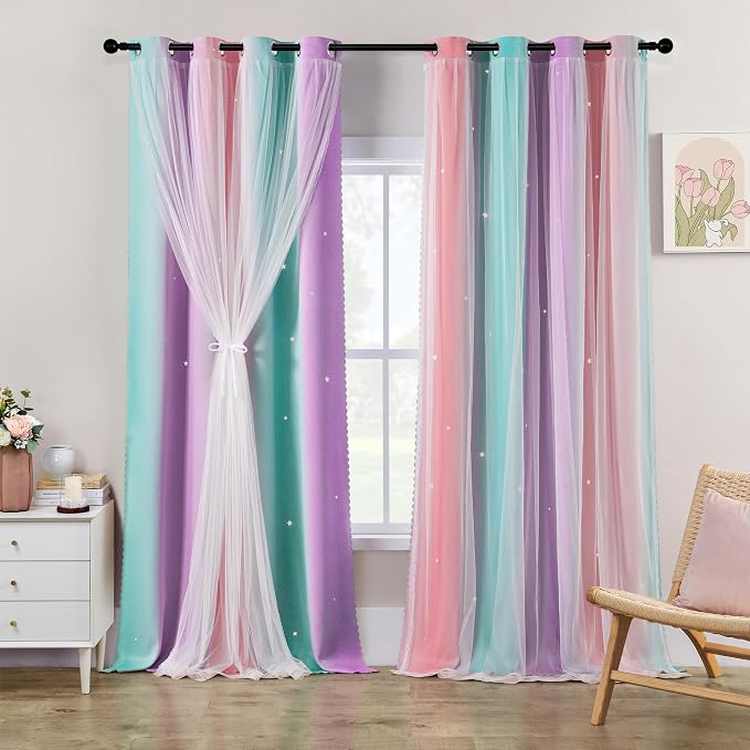 XiDi Girls Blackout Curtains 108 Inches Long for Bedroom, Room Darkening Grommet Window Ombre Curtains 2 Panels, Kids Unicorn Princess Theme Decor Colorful Rainbow Design Pink Purple Green 42W x 108L
