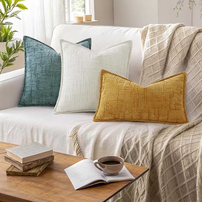 decorUhome Chenille Throw Pillow Covers 24x24 Set of 2, Soft Textured Slubby Modern Decorative Pillow Covers with Elegant Design for Couch, Sofa, Living Room, Cream White