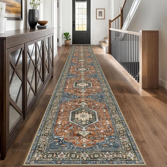 KUTA Extra Long Runners for Hallways 2.6x18ft Non-Slip Washable, Brick Red Vintage Kitchen Rug, Stair Runners Indoor Ultra Soft Printed Medallion Carpet for Bedroom Living Room Nursery