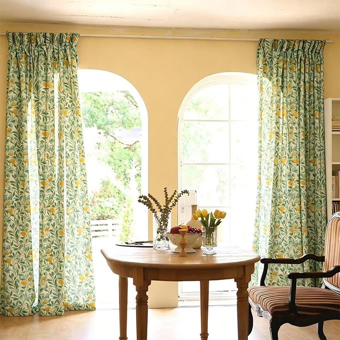 RoomTalks Green Yellow Floral Window Curtains 84 Inches Length 2 Panels, Boho Country Vintage Cute Botanical Fruit Faux Linen Curtain Panels for Bedroom Dining Living Room Dorm Summer Aesthetic Decor