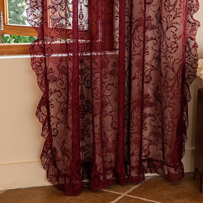 TUDECO Sheer Burgundy Curtains for Bedroom 2 Panels Set - Romantic Floral Branch Wine Red Lace Curtains 72 Inch Length, Embroidered Ruffle Window Treatment Vibrant Home Decor, 59 x 72 Inch, Maroon