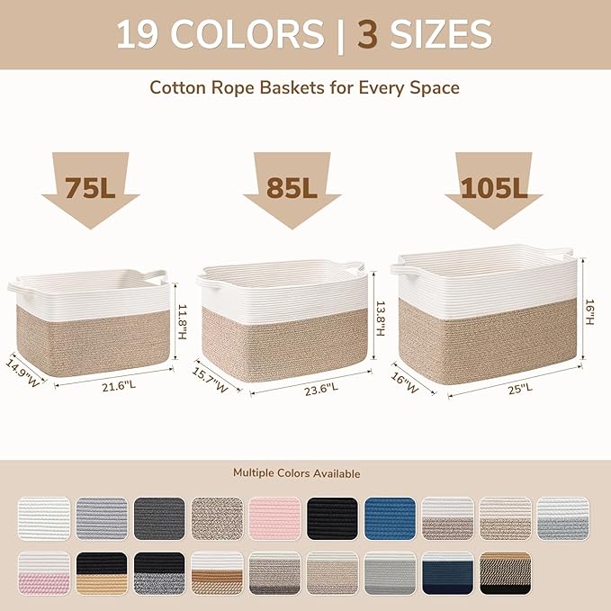 Goodpick 105L Extra Large Blanket Basket 25" x 16" x 16" Cotton Rope Storage Bins for Dirty Clothes Pillows, Decorative Woven Basket with Handles, Toy Baskets Storage Kids, Gray
