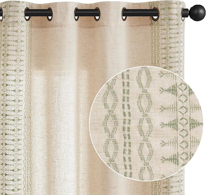 jinchan Boho Curtains for Bedroom Linen Blend Curtains Sage Green Embroidered Bordered Living Room Drapes 96 Inch Length Light Filtering Grommet Window Treatments 2 Panels Sage on Beige