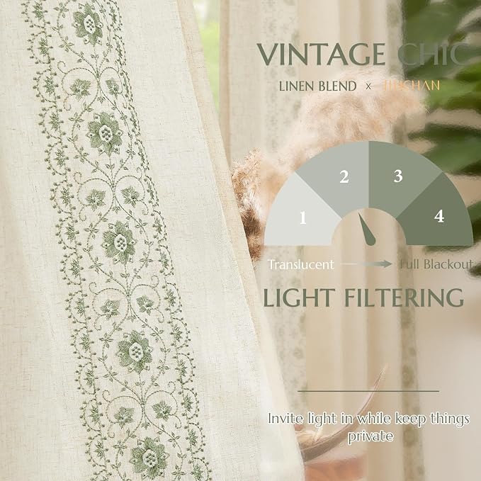 jinchan Weslie Boho Curtains for Bedroom Sage Green Vintage Floral Farmhouse Curtains 63 Inch Linen Drapes for Living Room Embroidered Light Filtering Drapes Rod Pocket Sage on Beige 2 Panels