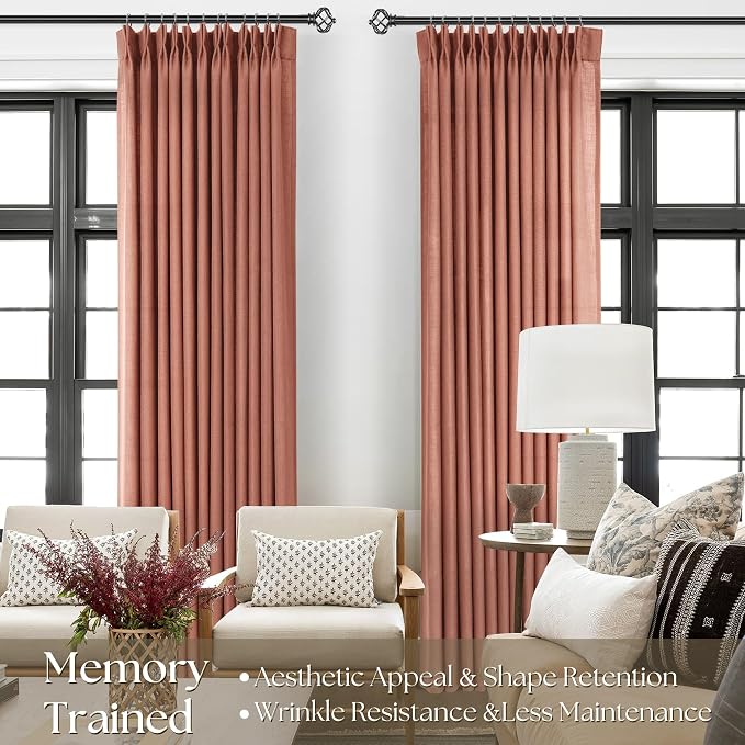 Terracotta Pinch Pleated Linen Curtains 120 Inch Length 2 Panels for Living Room Bedroom Textured Semi Sheer Drapes Pinch Pleat Rings Window Curtain 40x120