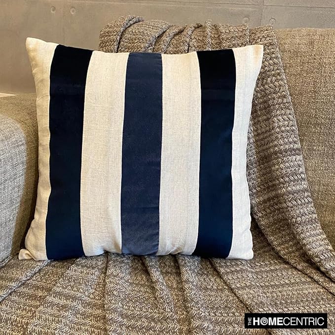 The HomeCentric Pack of 2 Decorative Throw Pillow Cover Navy 26"x26" (65x65 cm) Velvet & Linen Patchwork, Striped Pillowcases, Striped Modern Style - Velvet Band Navy