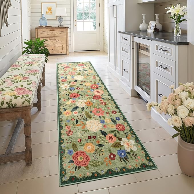 2x6 Machine Washable Runner Rug, Kitchen Hallway Area Rug Light Green Vintage Boho Floral Non-Slip Low Pile Soft Faux Wool Carpet Kids and Pets Friendly for Bedroom Entryway Nursery Home Decor Rug