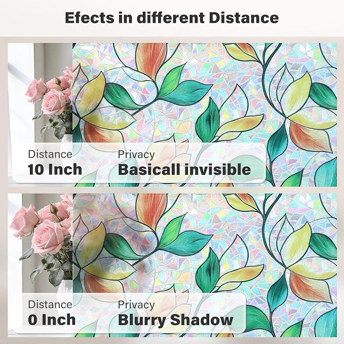 Finnez Rainbow Stained Glass Window Privacy Film, Static Cling No Glue, UV Blocking & Heat Control, Removable & Reusable for Home Office Bathroom Door (Stained Leaf, 35.4" x 157.4")