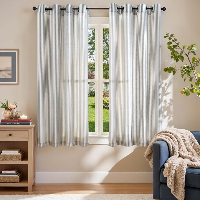 jinchan Linen Curtains for Living Room Blue on Beige Striped Curtains for Bedroom Ticking Stripe Pattern Light Filtering Farmhouse Cottage Core Rustic Grommet Window Treatment 2 Panels 63 inches Long