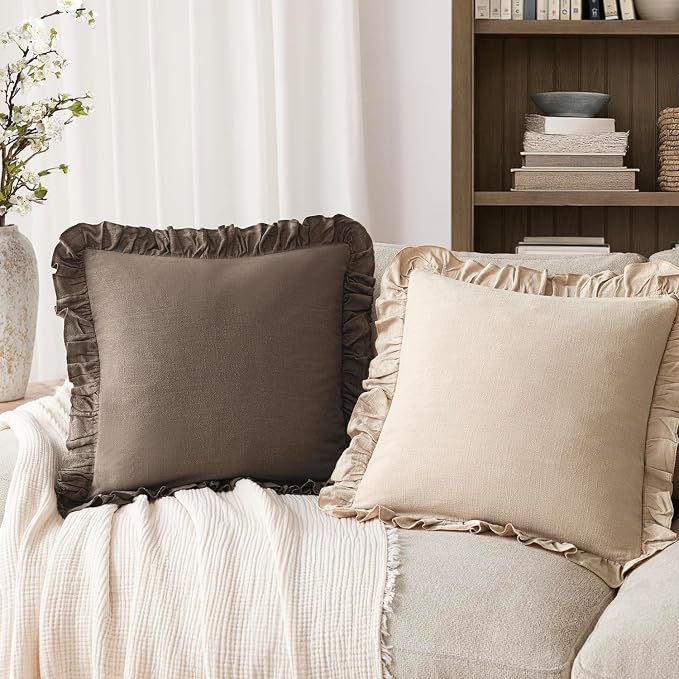 Foindtower Set of 2 Decorative Linen Fringe Ruffle Throw Pillow Covers Soft Boho Farmhouse Cushion Cover Cozy Accent Retro Pillowcase for Couch Sofa Bed Living Room Home Decor,24×24 Inch,Dark Brown