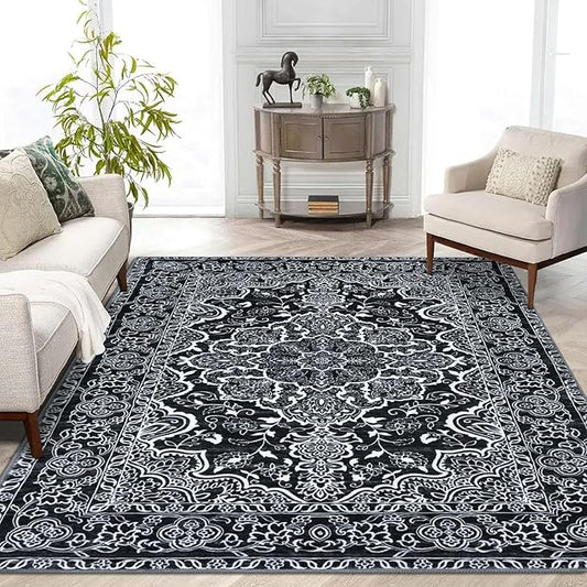 KUTA Vintage Area Rug 5x7 Black, Washable Rugs for Living Room Soft Non-Slip Printed Distressed Tribal Traditional Farmhouse Carpet for Bedroom Dining Room Dorm Office Home Decor