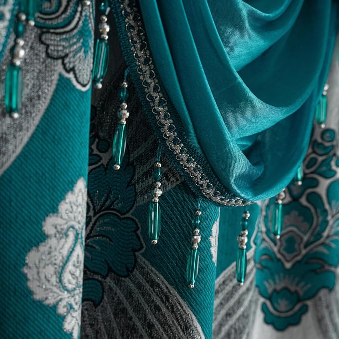 Petrichor Elegant Curtains with Gold Silver Threads 2 Panels Set - Luxury Window Treatment Attached Valance, Sheer Backing, and 2 Tie Backs for Bedroom and Living Room, 54x95 inches, Teal